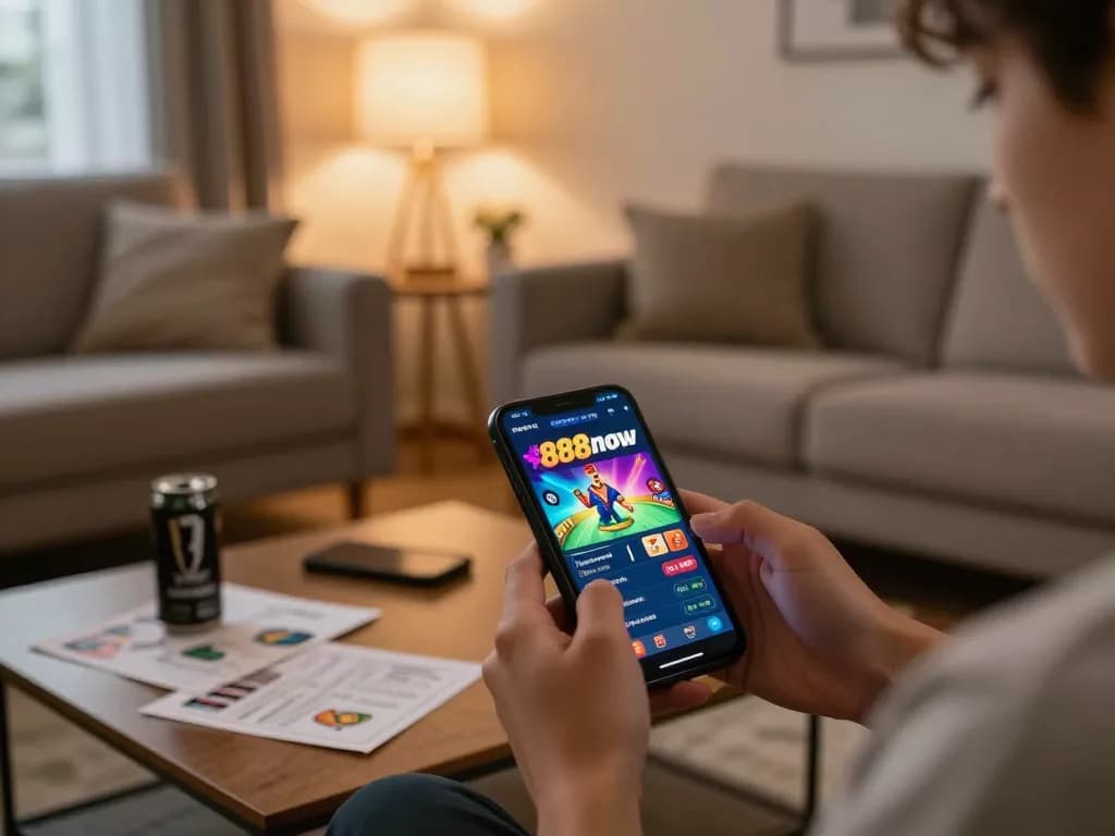 Engaging with 888now com casino app on smartphone in cozy modern setting.