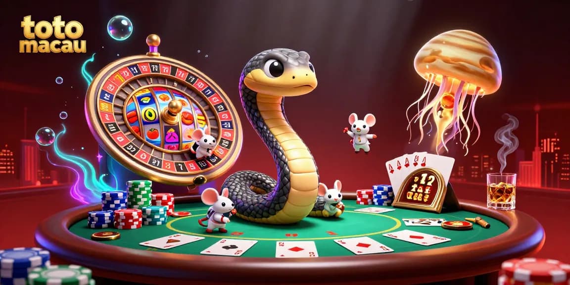 Engage in thrilling gameplay at toto macau with a colorful cosmic casino scene showcasing a Saturn ring snake and astronaut mice.