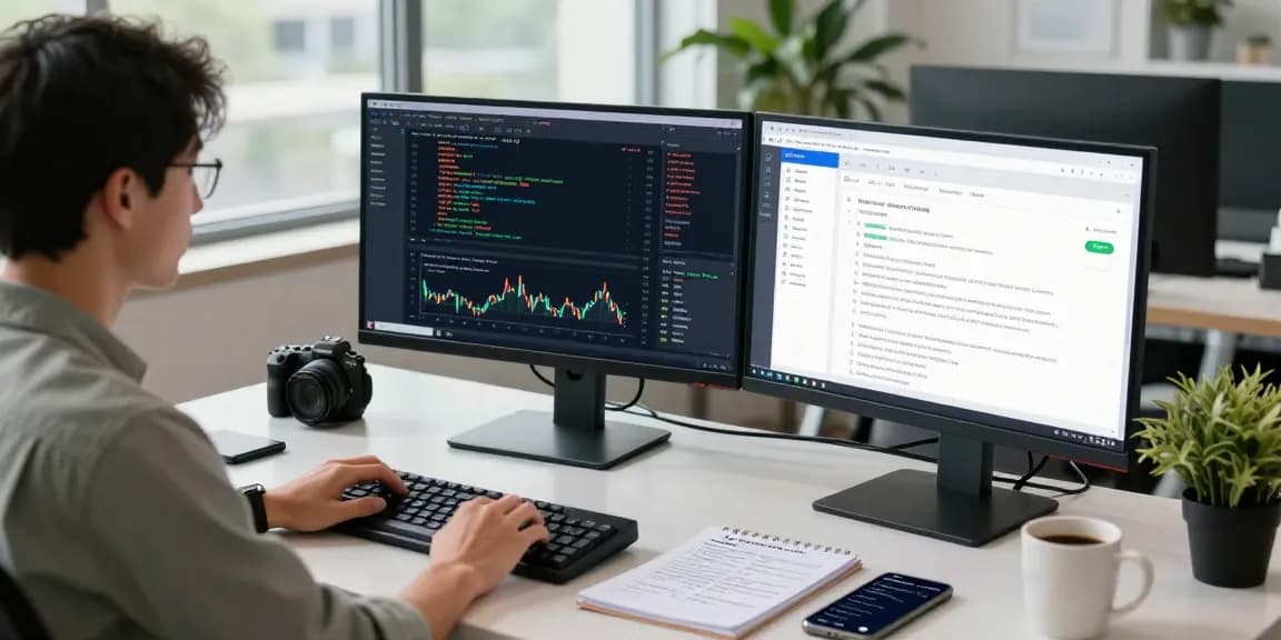 Developer analyzing HK stock WebSocket API data at a modern tech workspace