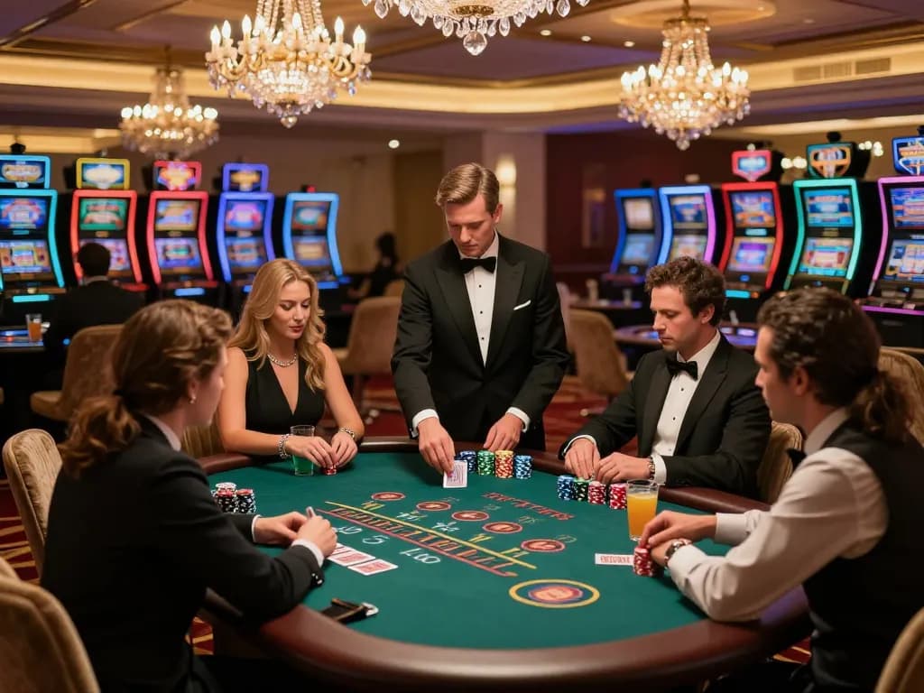 Players engaging in intense blackjack at Nhà cái DABET's exclusive table, showcasing luxury and strategy.