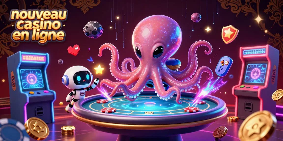 Découvrez un nouveau casino en ligne avec une illustration captivante de l'univers ludique d'un octopus extraterrestre.