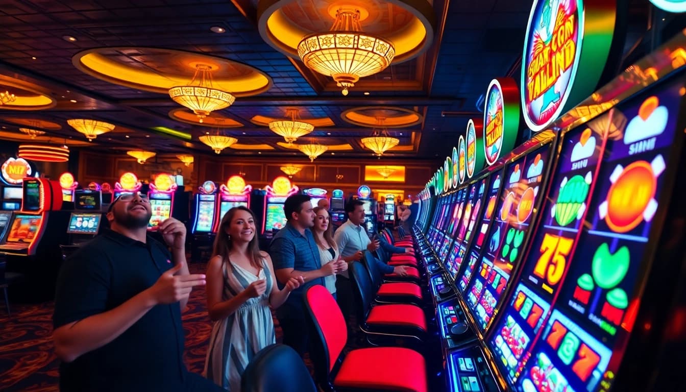 Permainan situs slot yang menarik dengan mesin slot berwarna-warni dan pemain bersemangat.