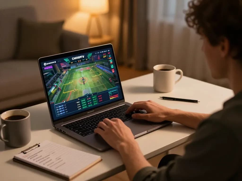 Cakhiatv user strategizing sports bets on a modern laptop in a cozy home setting