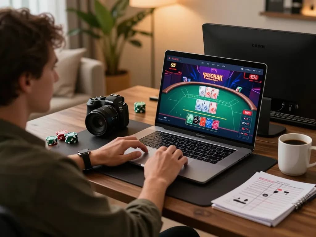 S666 player engaging in live dealer poker game, showcased in a stylish home setup, promoting responsible gambling.