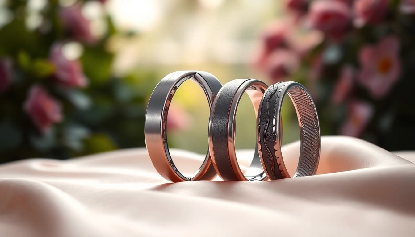 Showcase of tungsten wedding bands highlighting unique designs and natural reflections.