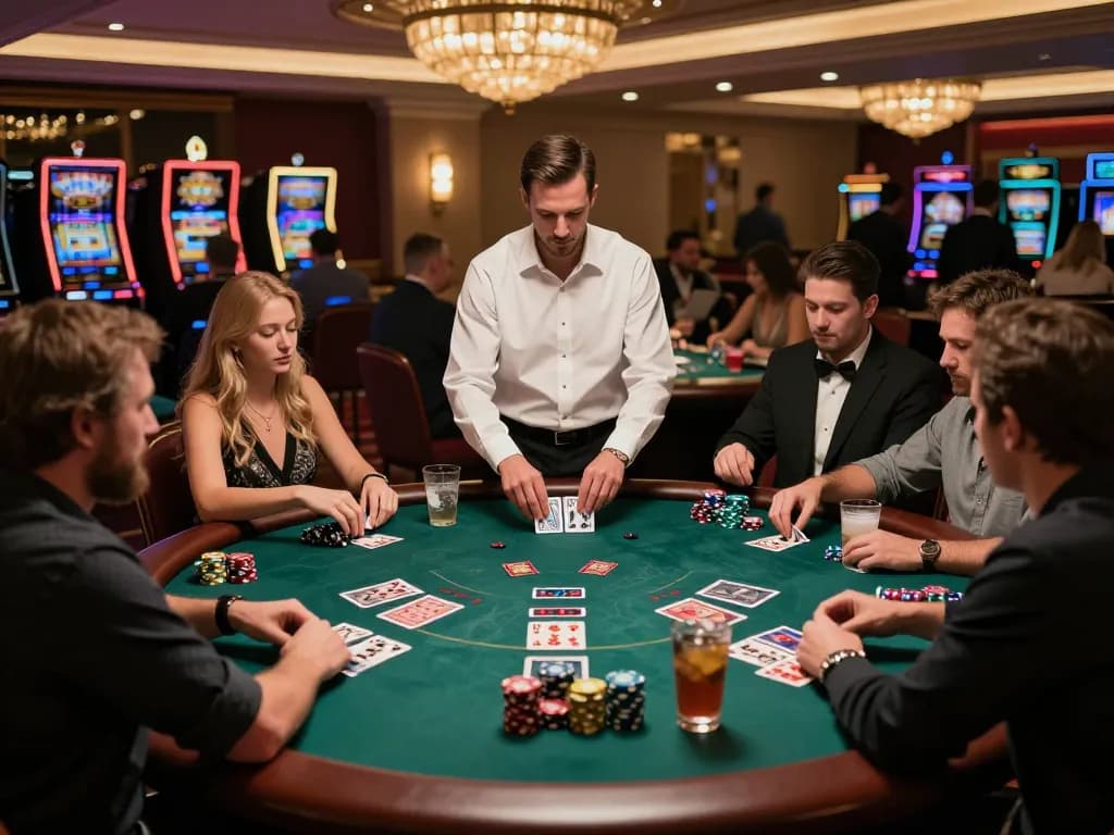 Players strategizing in blackjack, enjoying the vibrant casino ambiance with rokok themes.