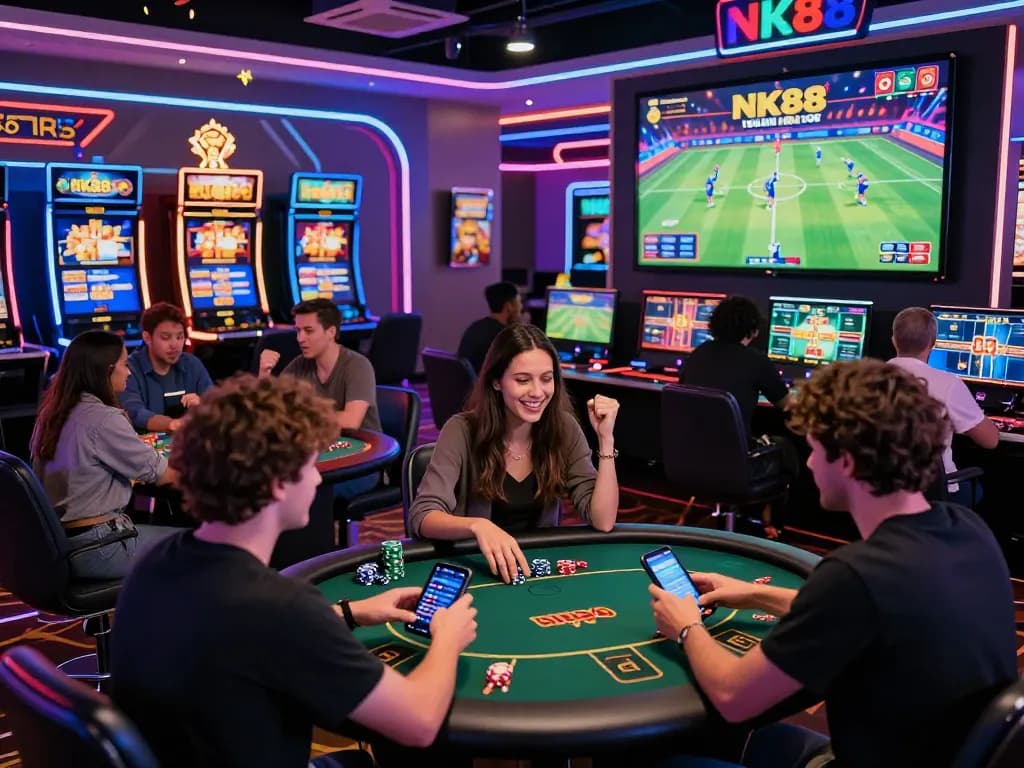 NK88 online casino scene with diverse players enjoying various games like poker and slots.