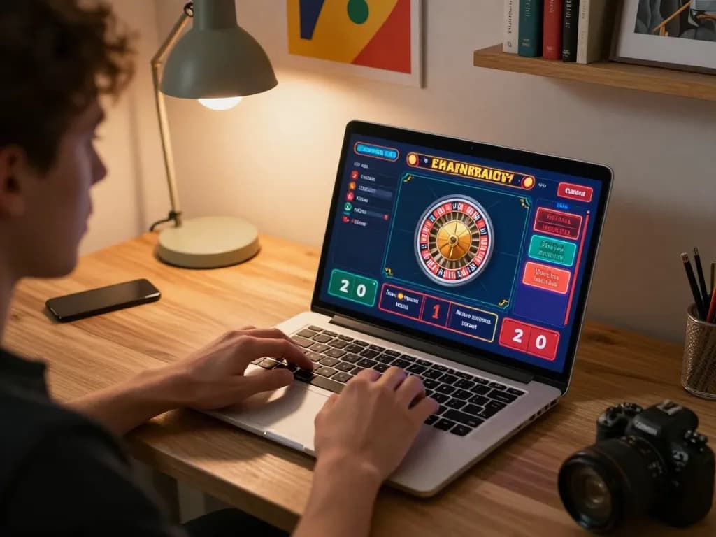 Player engaging with online casino gaming, featuring jae888 interface in stylish home office.