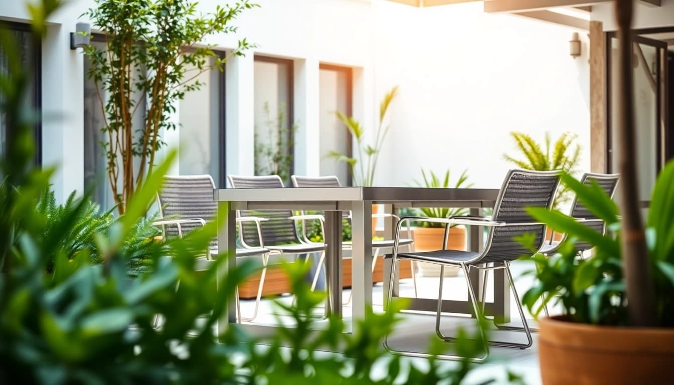 Stainless steel furniture in a modern outdoor dining setting with vibrant greenery.