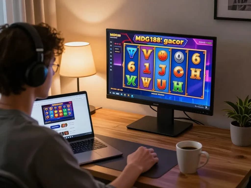 Engaged player enjoys MDG188 slo gaming session on a laptop, celebrating innovative slot features.
