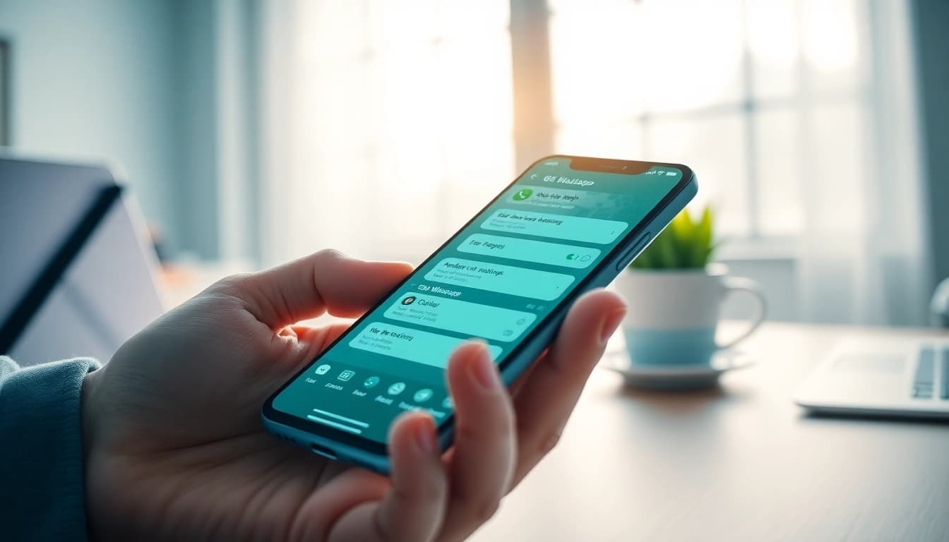 gb whatsapp app interface displayed on a smartphone in a modern workspace