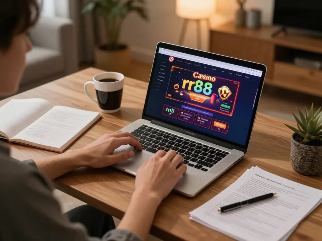 Person engaging in online gaming on rr88 platform from a cozy home office.