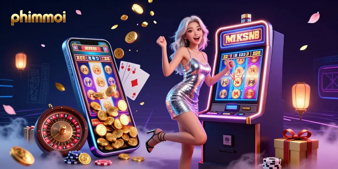 Celebrate winnings at phimmoi with a vibrant illustration featuring a glamorous woman interacting with a jackpot slot machine and dynamic gaming elements.