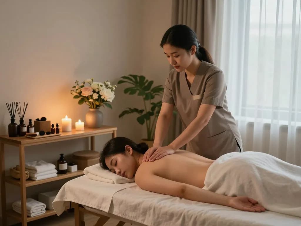 Relaxing 삼성동마사지 therapy scene in a serene spa setting, with calming lights and aromatherapy elements.