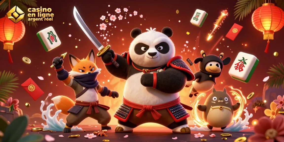 Casino en ligne argent réel : samouraï panda et ninja fox entourés de jeux dynamiques et éléments festifs.