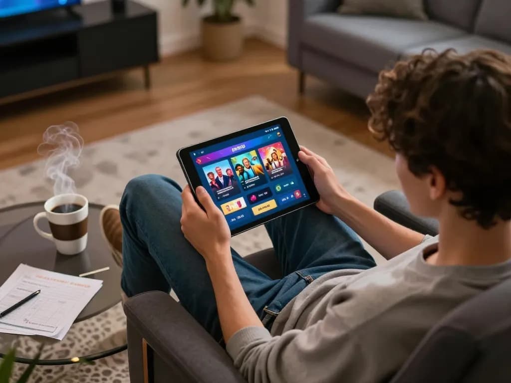 Engaged player using the fly88 app for online gambling in a cozy room.