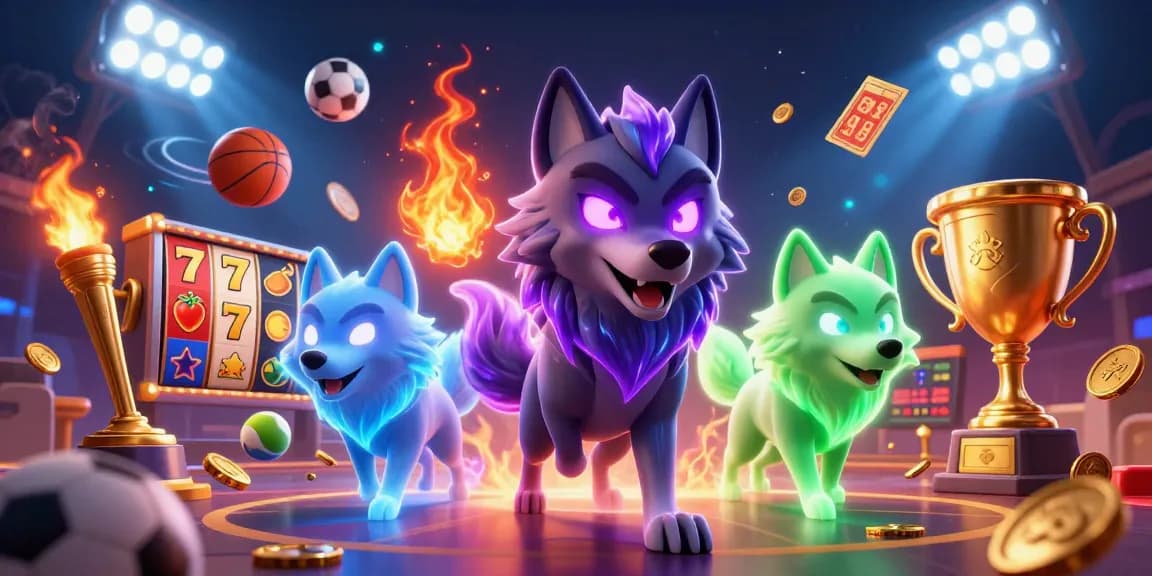 Experience the thrill of slot gacor with a dynamic scene featuring energetic wolf characters and vibrant casino elements.