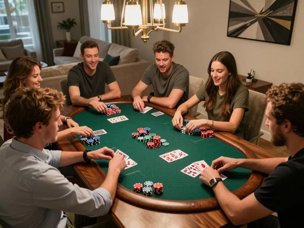 Friends enjoy poker night at home while betting with Nhà Cái OKFUN chips, showcasing strategic gameplay.