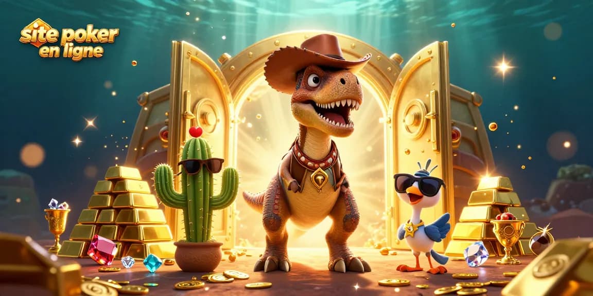 Jouez sur un site poker en ligne avec des personnages animés dans une scène dynamique de casino.