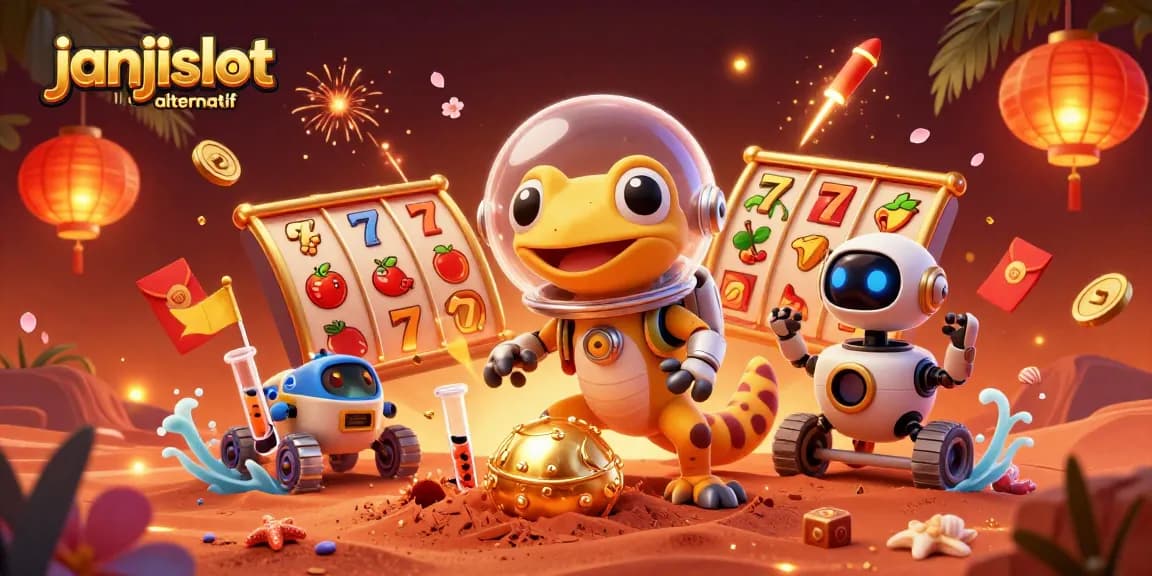 A vibrant illustration of "janjislot link alternatif" showcasing slot reels and festive elements amidst a Martian scene.