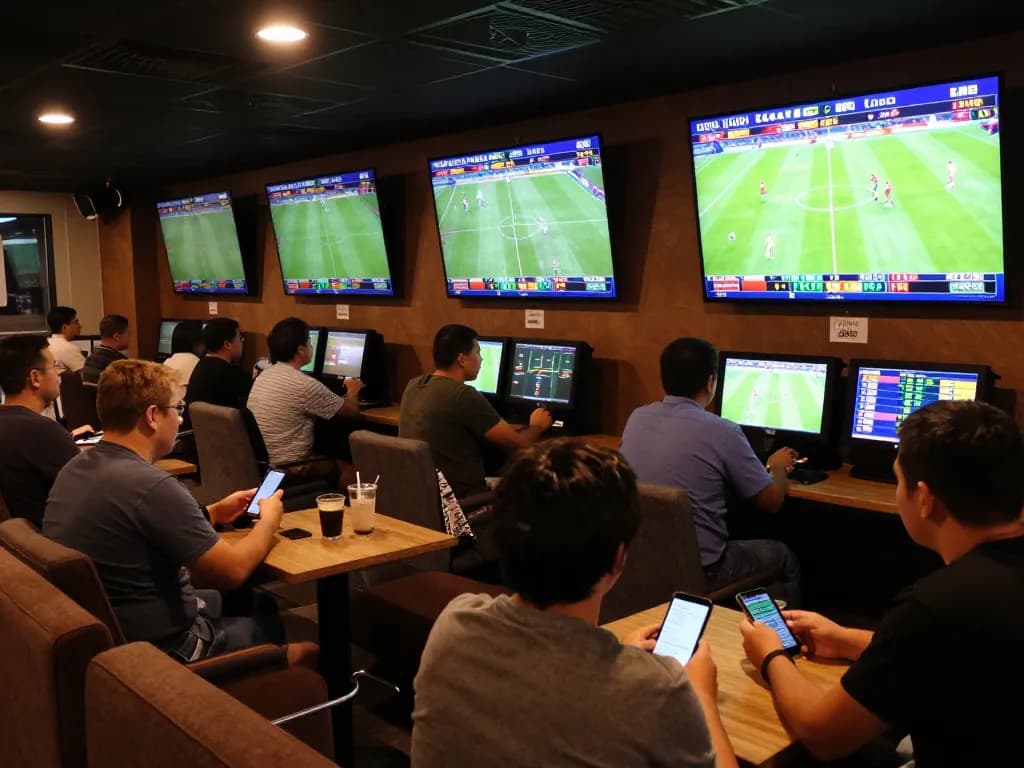 KQBD sports betting enthusiasts placing bets while watching live matches on big screens.