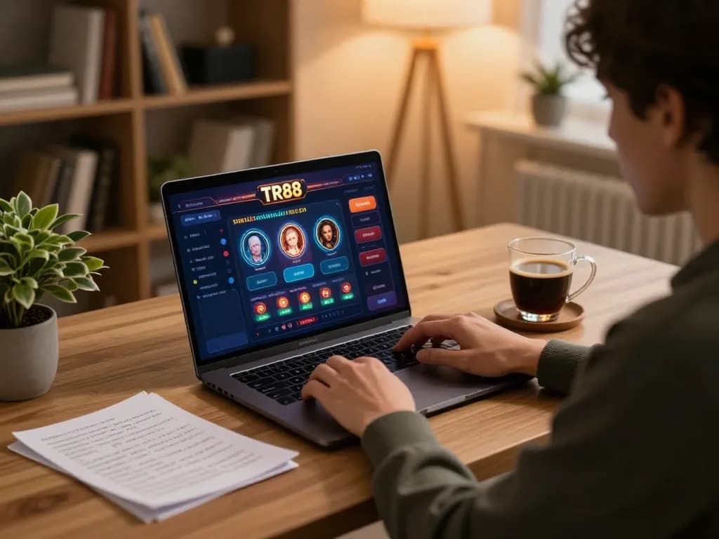 Player exploring TR88 online casino platform at home, focusing on betting strategies.