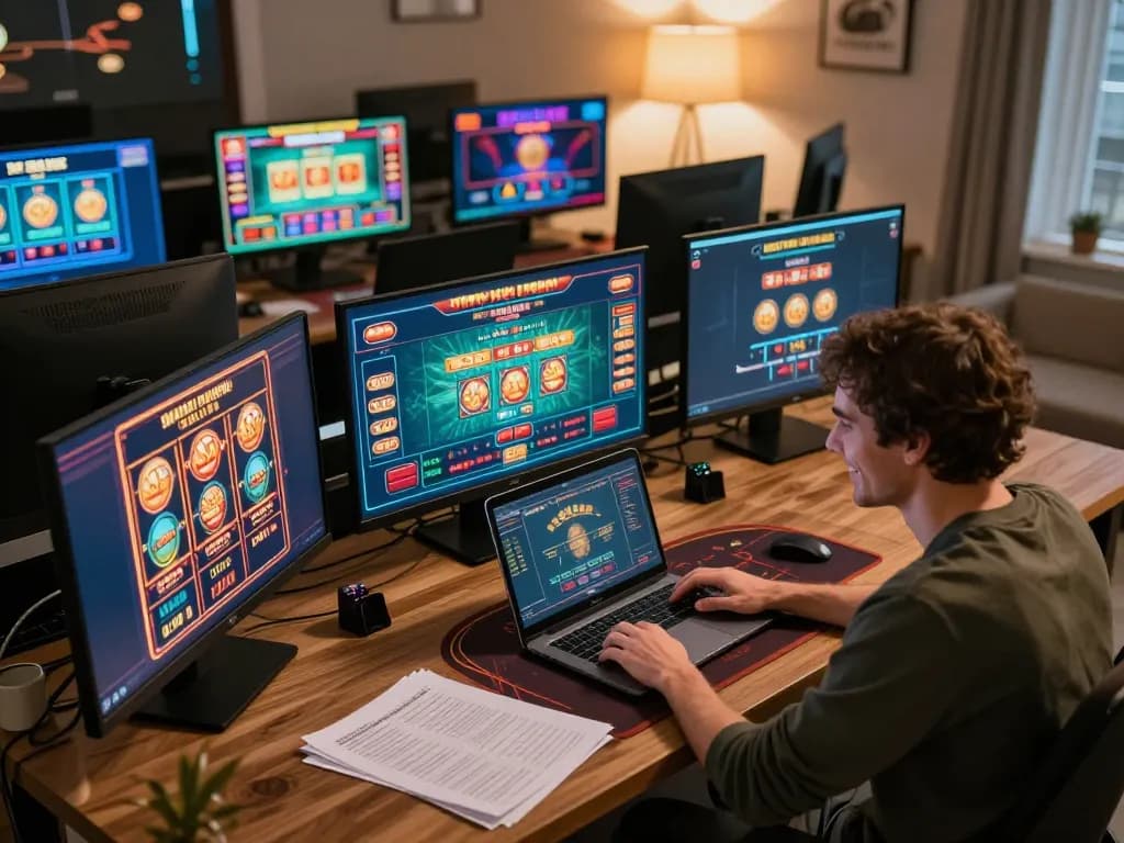 Engaged player using uu88 online casino platform on laptop with strategic notes in a cozy home office.