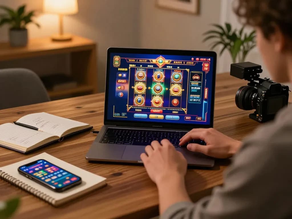Engaged in online casino gaming at home on 123b using a stylish laptop with a winning slot game.