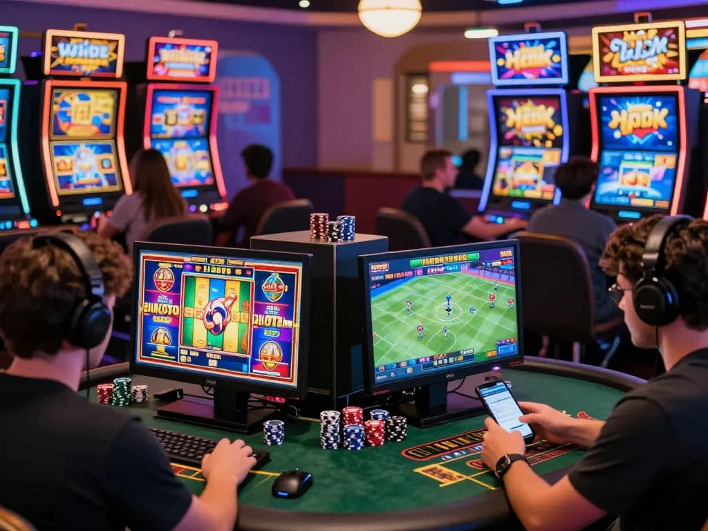 Engaged players enjoying TG88 online casino games on various devices in a vibrant gaming environment.