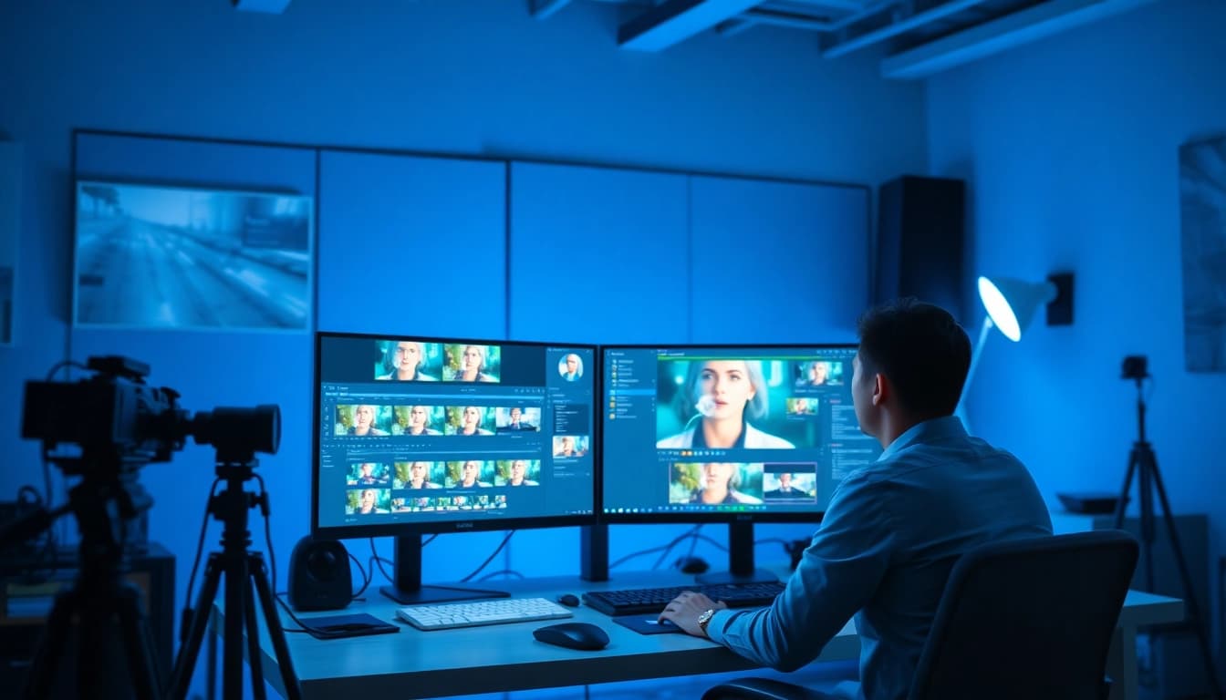 Video to prompt technology utilized in a modern video editing studio environment.