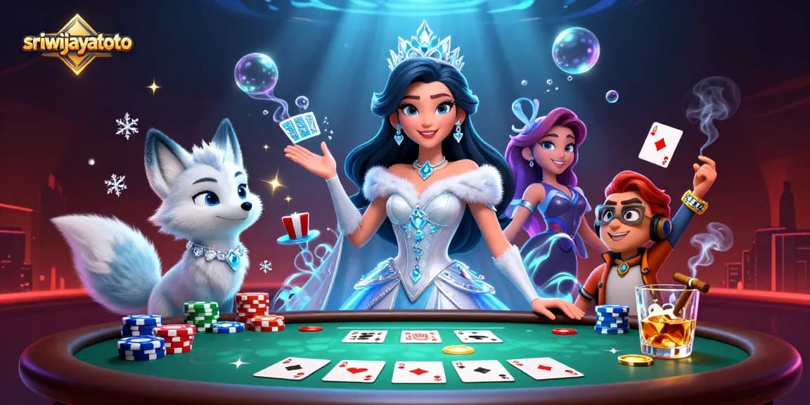 Sriwijayatoto showcases thrilling poker action with a stunning ice queen and her arctic fox in a vibrant casino scene.