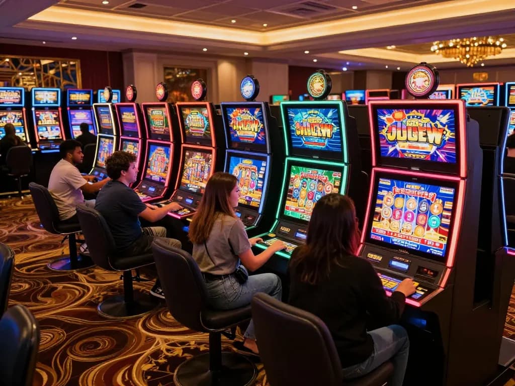 Players enjoying link slot machines in a vibrant casino, celebrating wins in an exciting atmosphere.