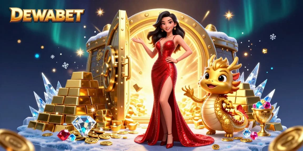 Experience the thrilling world of DEWABET in this vibrant casino illustration featuring stunning characters and golden treasures.