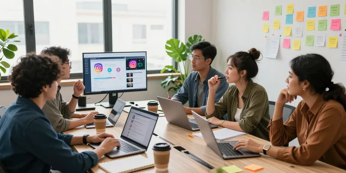 Team brainstorming strategies to buy targeted Instagram followers in a vibrant office