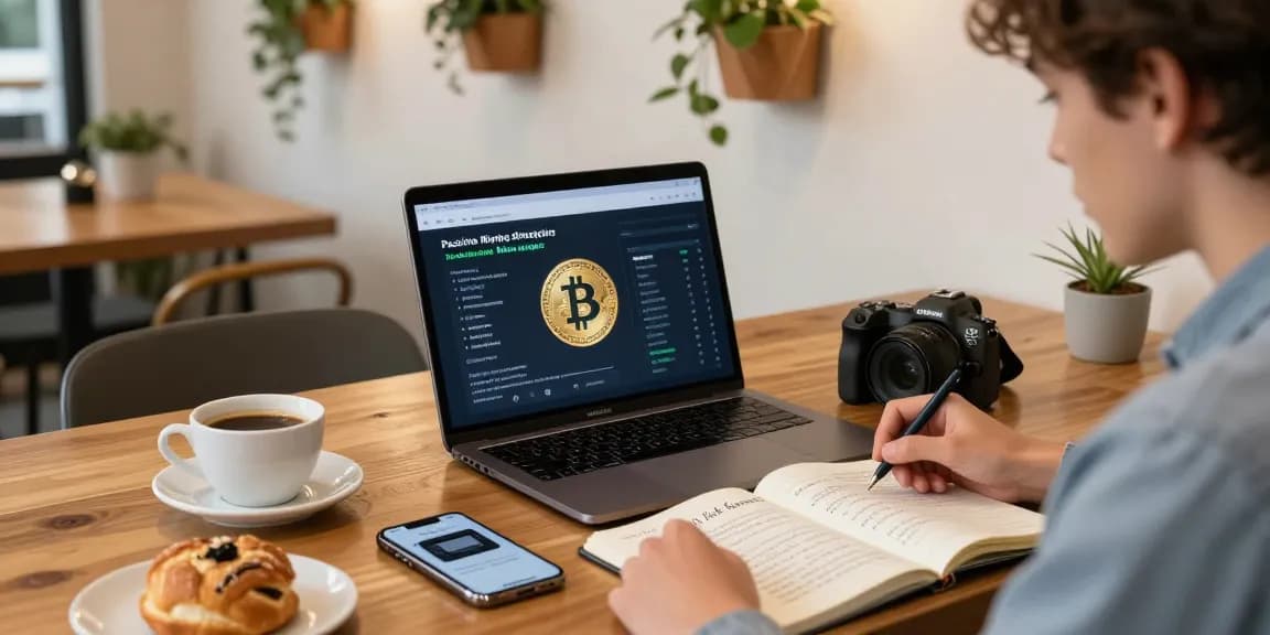 Scene showcasing passive bitcoin mining research, cryptocurrency analysis, and DeFi strategies in a modern coffee shop with a focus on digital wallet management.