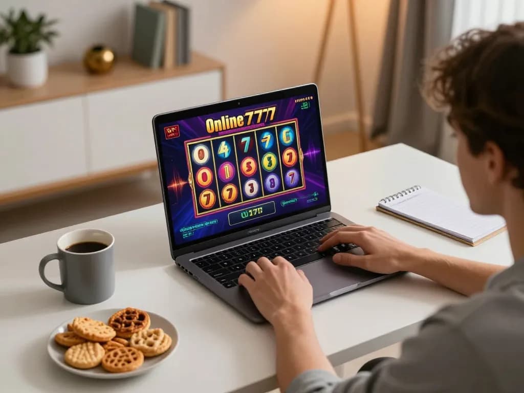 Player enjoying an engaging slot777 gaming session on a laptop at home, surrounded by strategy notes and snacks