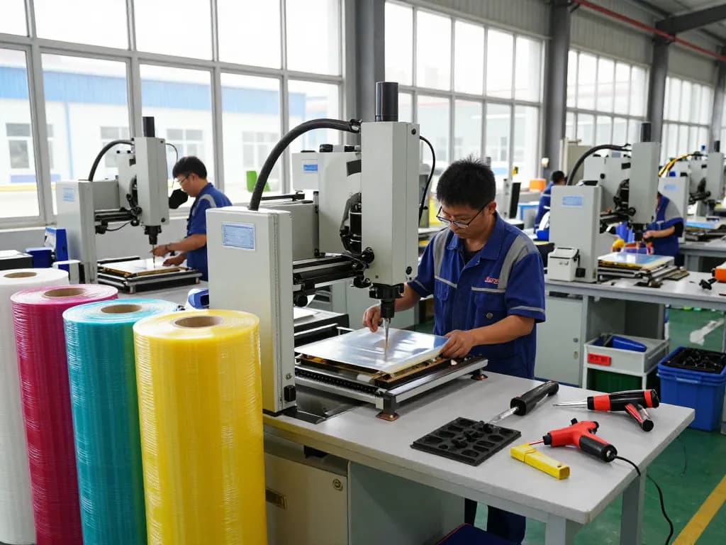 bóc ép plastic hưng yên worker operating laminating machine in vibrant industrial setting