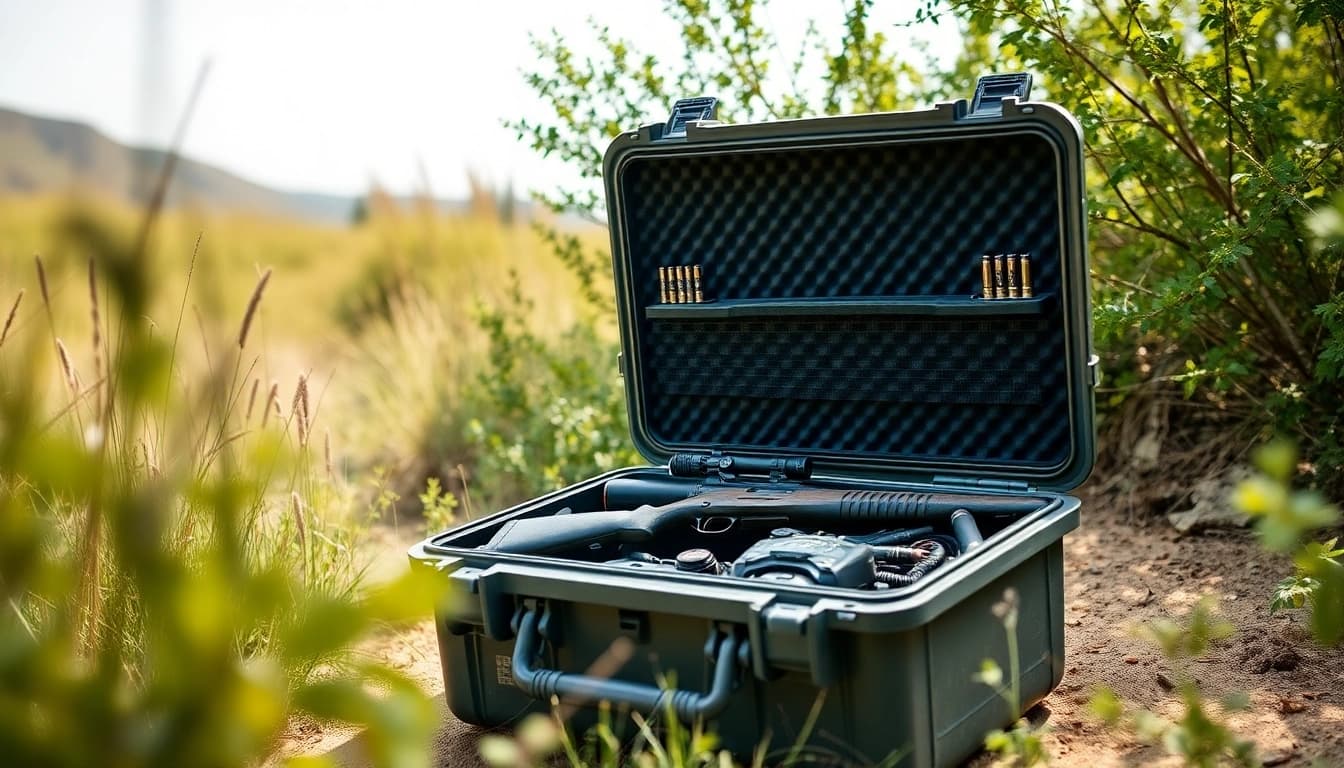 Elevated view of a pelican rifle case in a natural setting, showcasing its durability and contents.