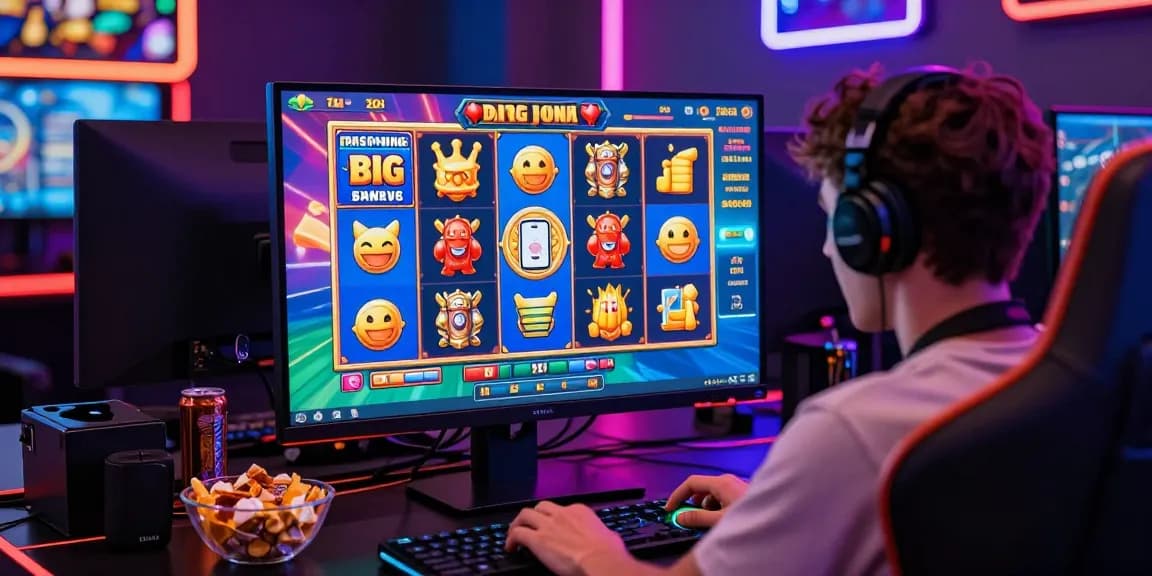 Player enjoying exciting online slot games with colorful interface and vibrant gaming accessories.