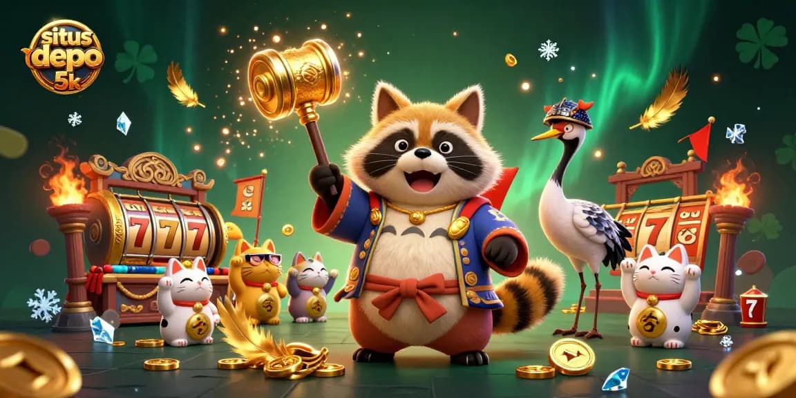 Win big with situs depo 5k featuring cheerful tanuki, lucky symbols, and exciting rewards.