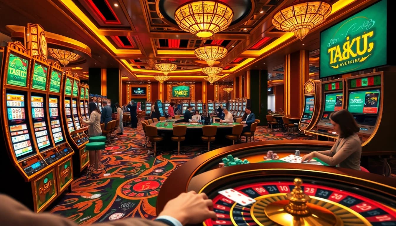 KJC gaming excitement with luxurious casino tables, vibrant slot machines, and players engaged in thrilling actions.