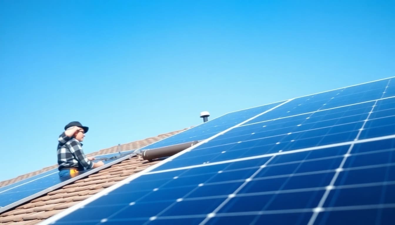 Piped Up technician installing solar panels on a modern roof with a blue sky backdrop.