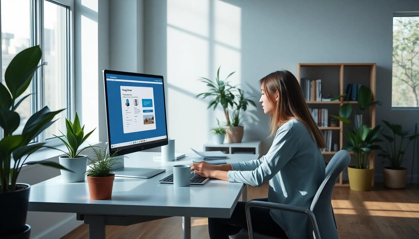 Image to prompt generator showcasing a young woman in a modern workspace, focusing on a high-tech interface.