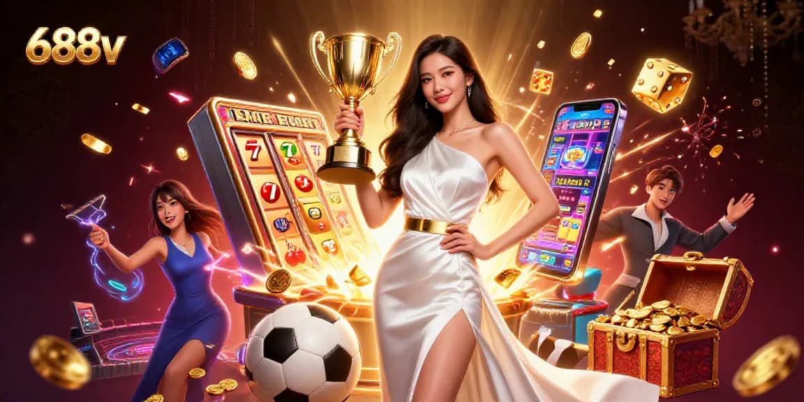 Win big with 688v as an Asian woman in an elegant gown triumphantly holds a trophy surrounded by casino excitement.