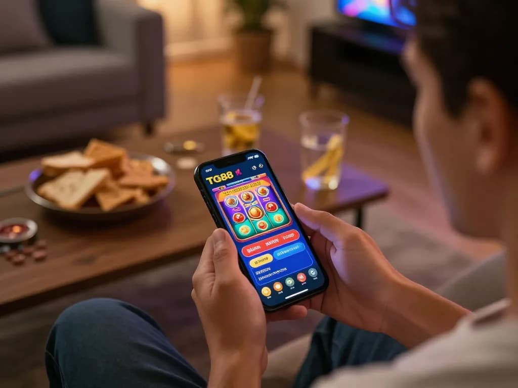 Engaging with the TG88 casino app on mobile, showcasing a vibrant online gaming environment.