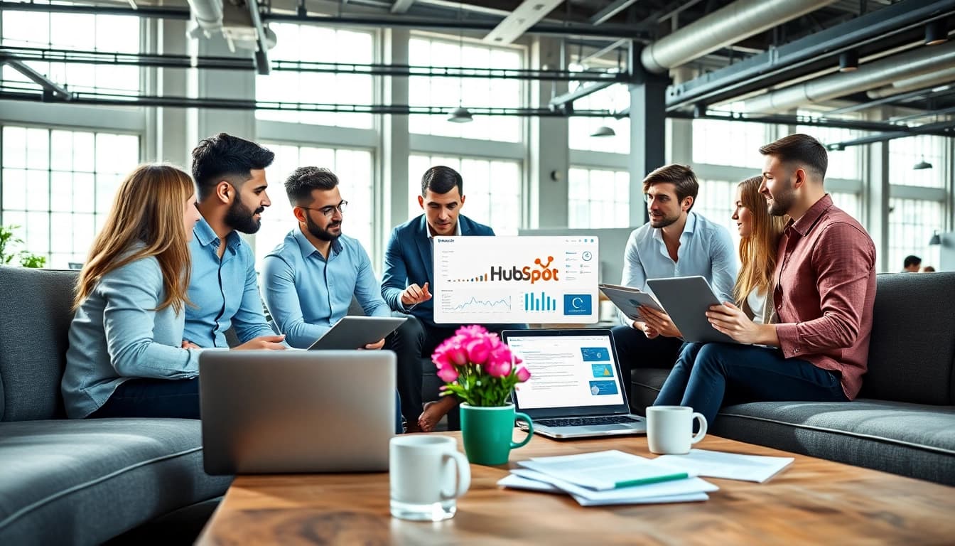 Exploring hubspot crm free features in a vibrant professional workspace setting.