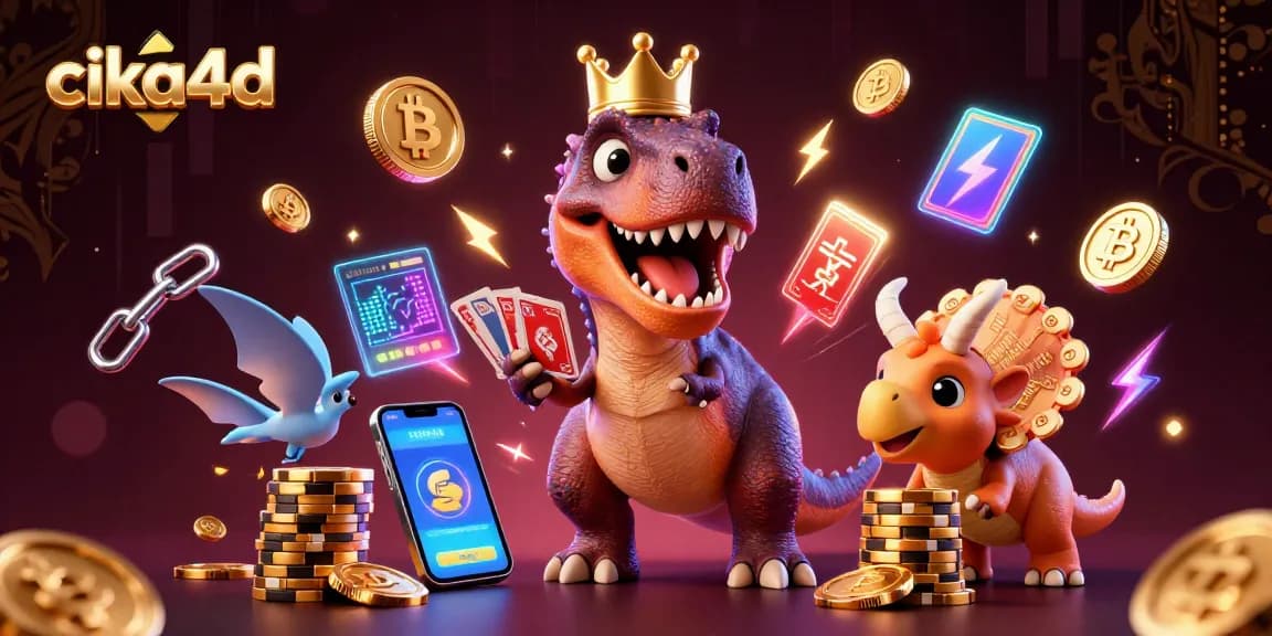 cika4d presents a playful T-Rex shuffling cards with assistance, immersed in a vibrant crypto casino scene.