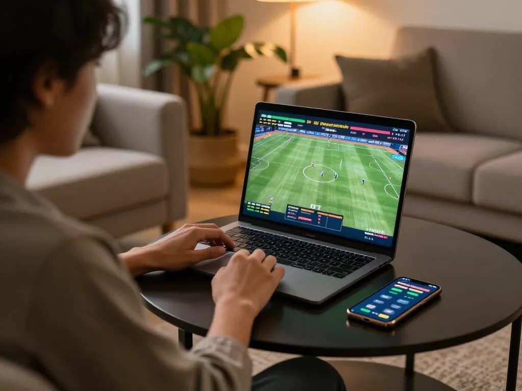 Bóng đá lu betting in a cozy living room, engaging with real-time scores and analysis online.