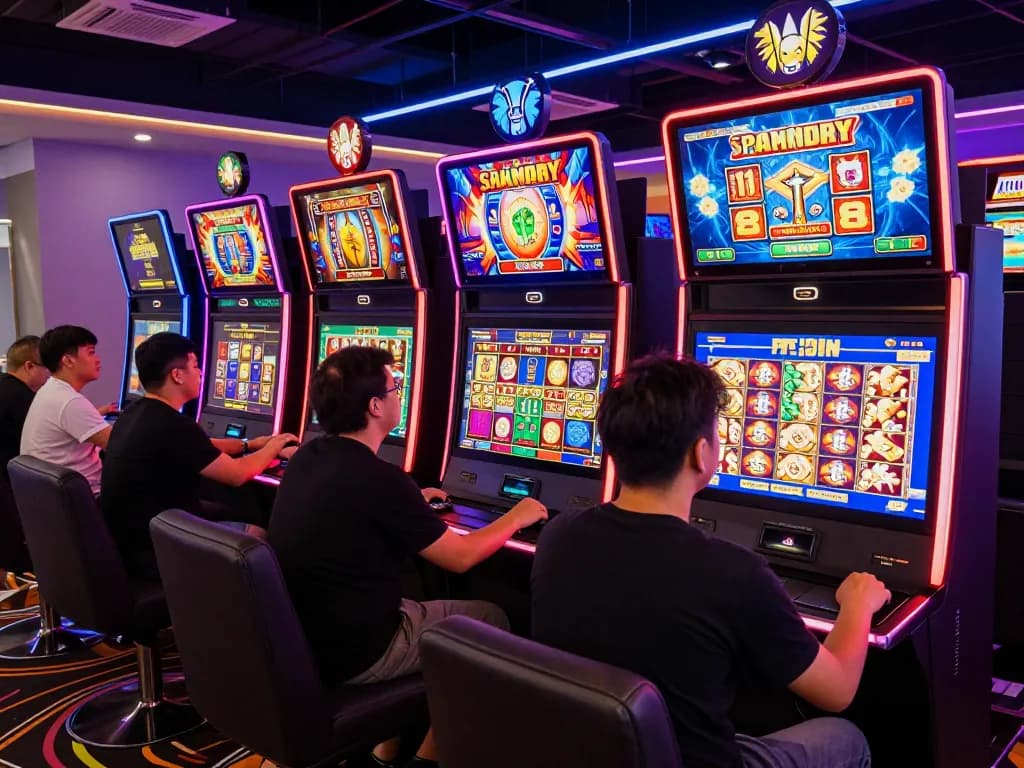 Suasana perjudian online yang menarik dengan pemain menikmati permainan slot gacor, lingkungan digital yang hidup.
