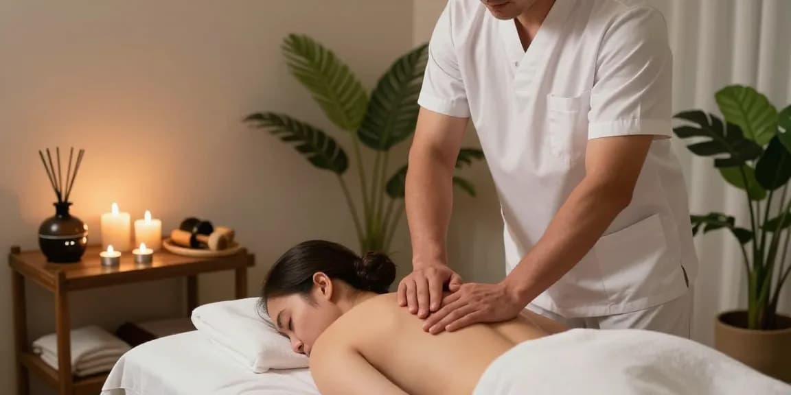 포항마사지 전문 남성 관리사가 고객에게 스웨디시 마사지를 제공하는 편안한 마사지 스튜디오 모습